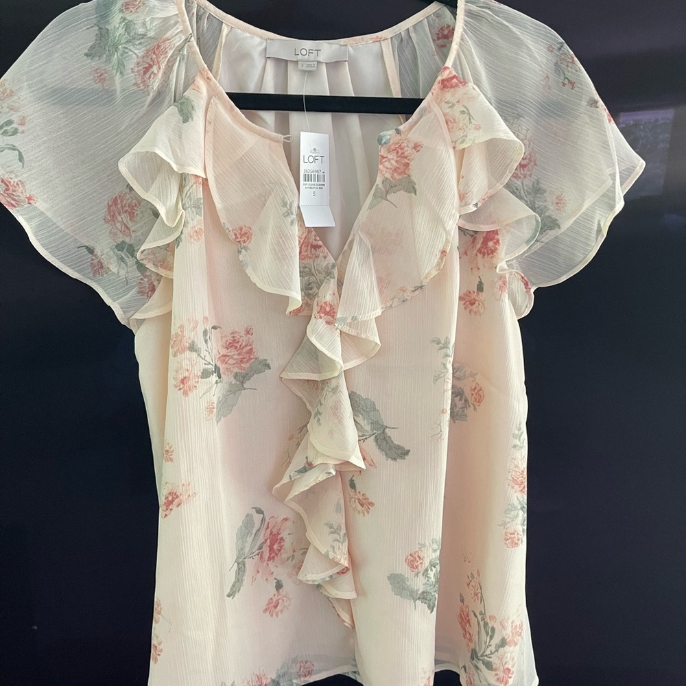 LOFT Flutter Sleeve Blouse Orange and Pink Floral